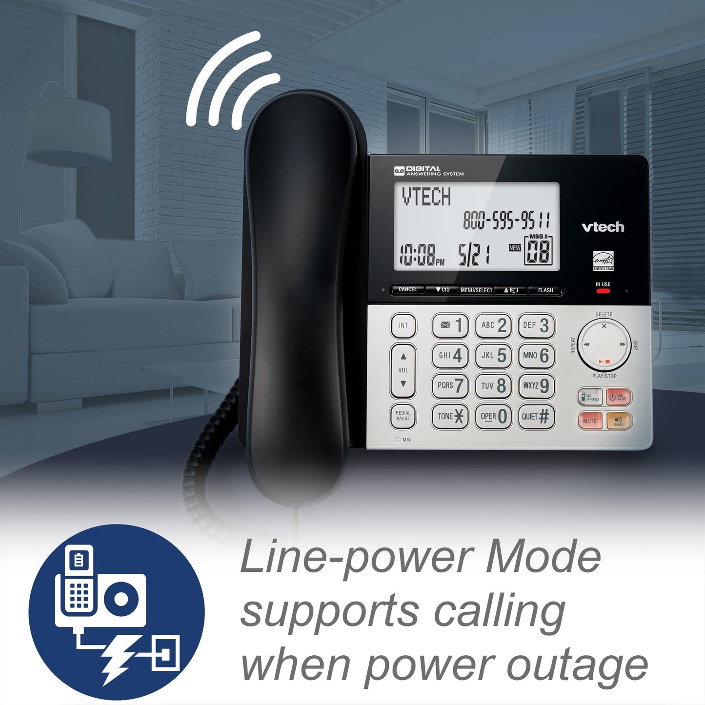 VTech VG208 DECT 6.0 Corded/Cordless Phone for Home with Answering Machine, Call Blocking, Caller ID, Large Backlit Display, Duplex Speakerphone, Intercom, Line-Power(Silver/Black)