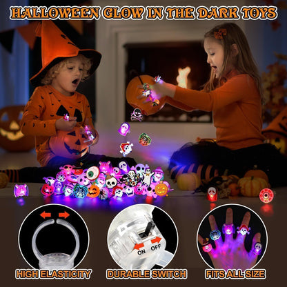 Coluans Halloween Party Favors for Kids Adults 50Pcs Gifts Halloween Treats LED Light Up Rings Flash Rings Glow In The Dark Party Supplies Goodie Non Candy Bag Filler Prizes Decorations NEW VERSION