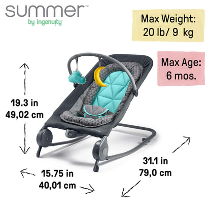 Summer Infant 2-in-1 Bouncer & Rocker Duo (Gray and Teal) Convenient and Portable Rocker and Bouncer for Babies Includes Soft Toys and Soothing Vibrations