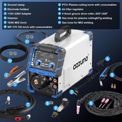 AZZUNO 5 in 1 160A Welder Machine, Plasma Cutter Welder Combo with HF TIG/Gas MIG/Flux MIG/Stick Welding, 110/220V Dual Voltage Multiprocess Welding Machine