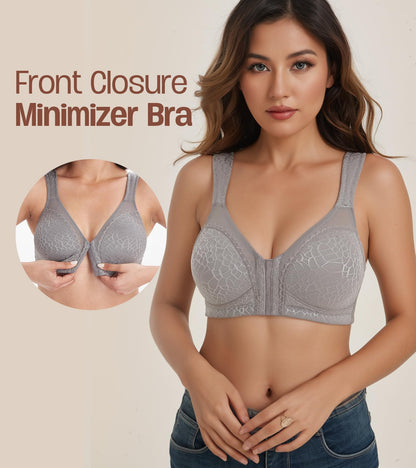 HACI Women's Front Closure Posture Bra Full Coverage Back Support Wireless Unpadded(Grey,46DDD)