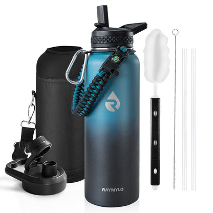 RAYMYLO Insulated Water Bottle 40 oz, Triple Wall Vacuum Stainless Steel (Cold for 48 Hrs), Leak Proof & Non-BPA, Modern Water Flask Jug with Paracord Handle & Straw Spout Lids, Indigo/Black
