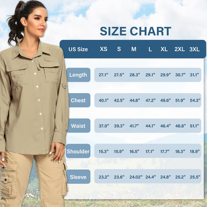 Women's UPF Long Sleeve Fishing Shirts Button Up Hiking Safari Shirts Sun Protection and Quick Dry,Khaki,XXXL