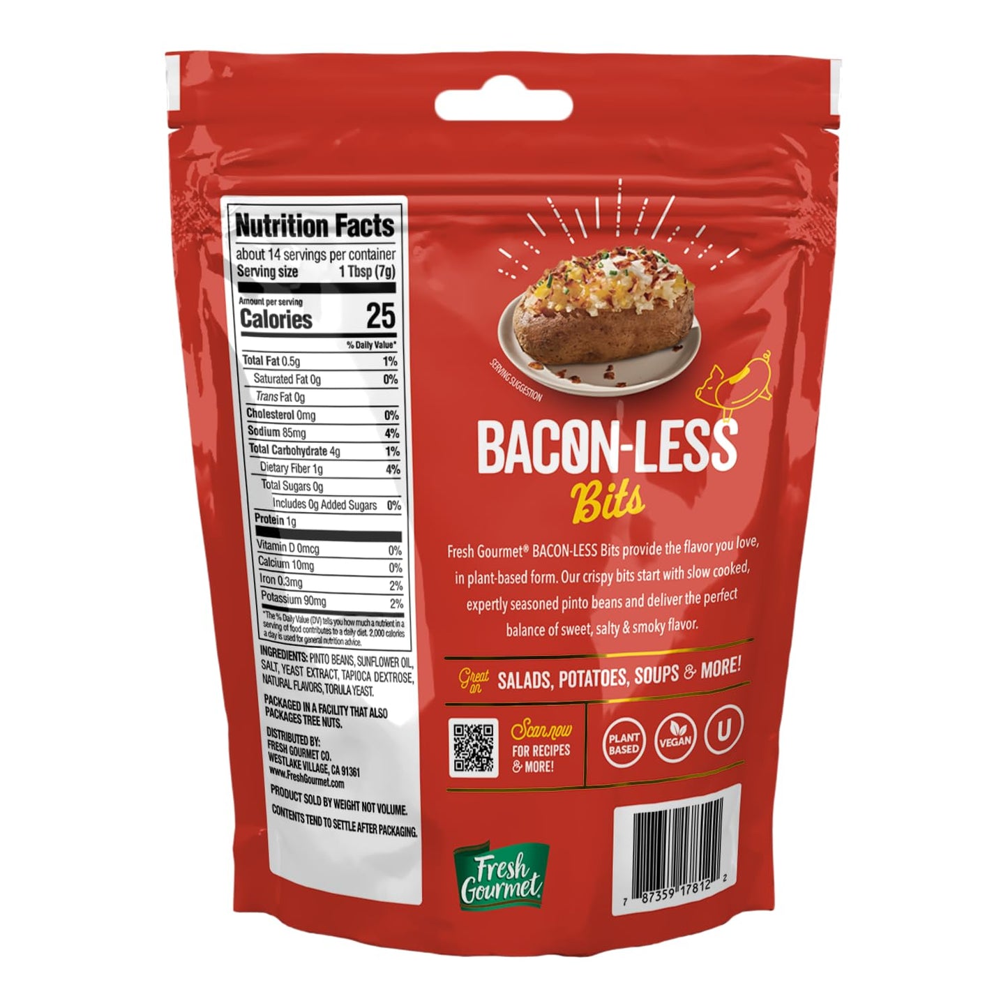 Fresh Gourmet Vegan Bacon-Less Bits - 3.5 oz Plant-Based Topping for Salads, Potatoes, Soups, and More | Soy-Free, Kosher, and Smoky Flavor | Resealable Pouch