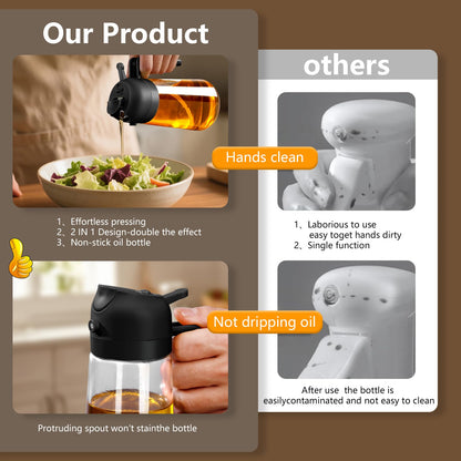 SWEET VIEW Olive Oil Sprayer for Cooking, 470ml 2 In 1 Glass Oil Dispenser/Pour Bottle, Kitchen Accessories, Kitchen Gadgets for Air Fryer, Salad, BBQ (Black)
