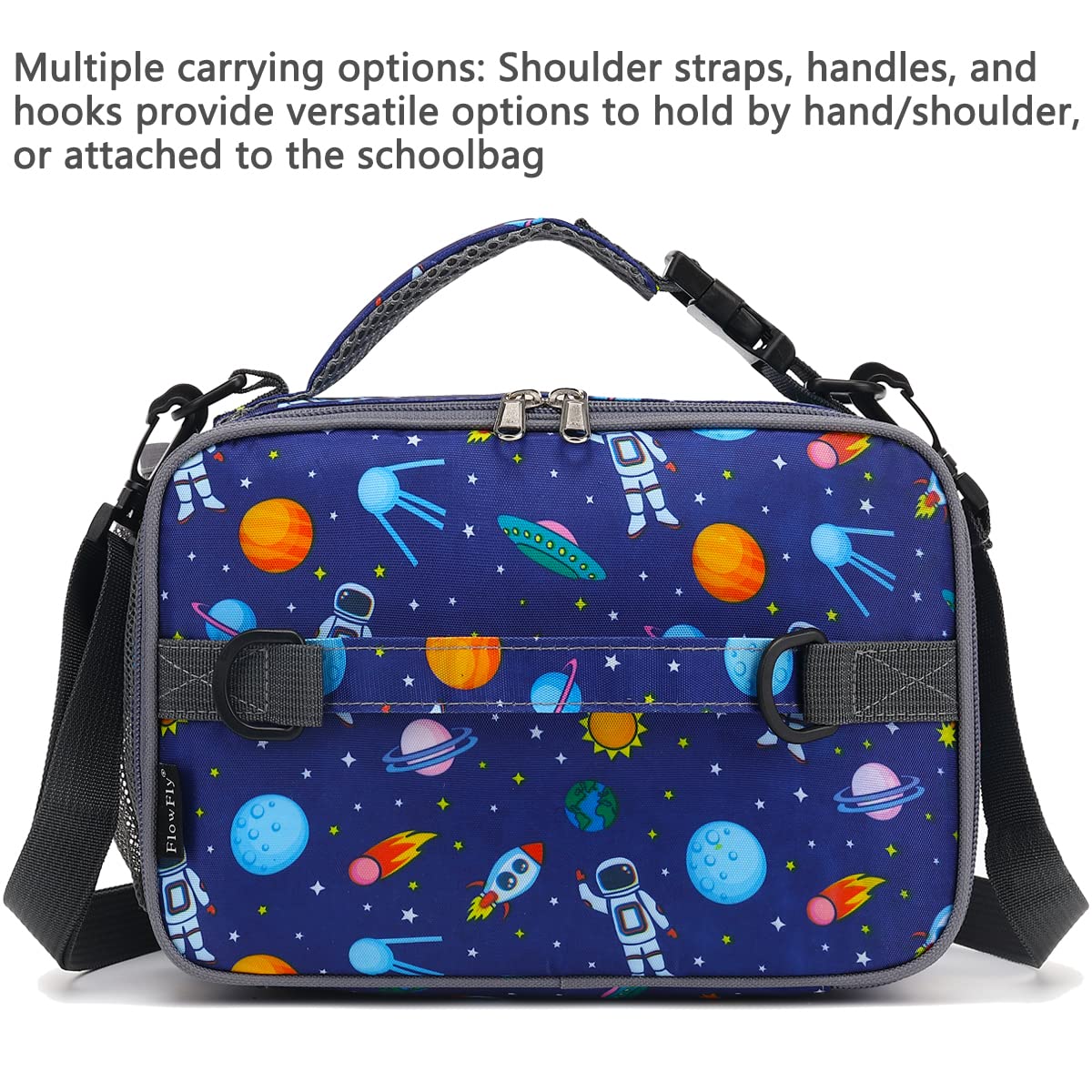 FlowFly Kids Lunch Bag, Durable Insulated School Lunch Box with Shoulder Strap and Bottle Holder, Water-resistant Thermal Small Lunch Cooler Tote for Teen Boys & Girls,Astronaut