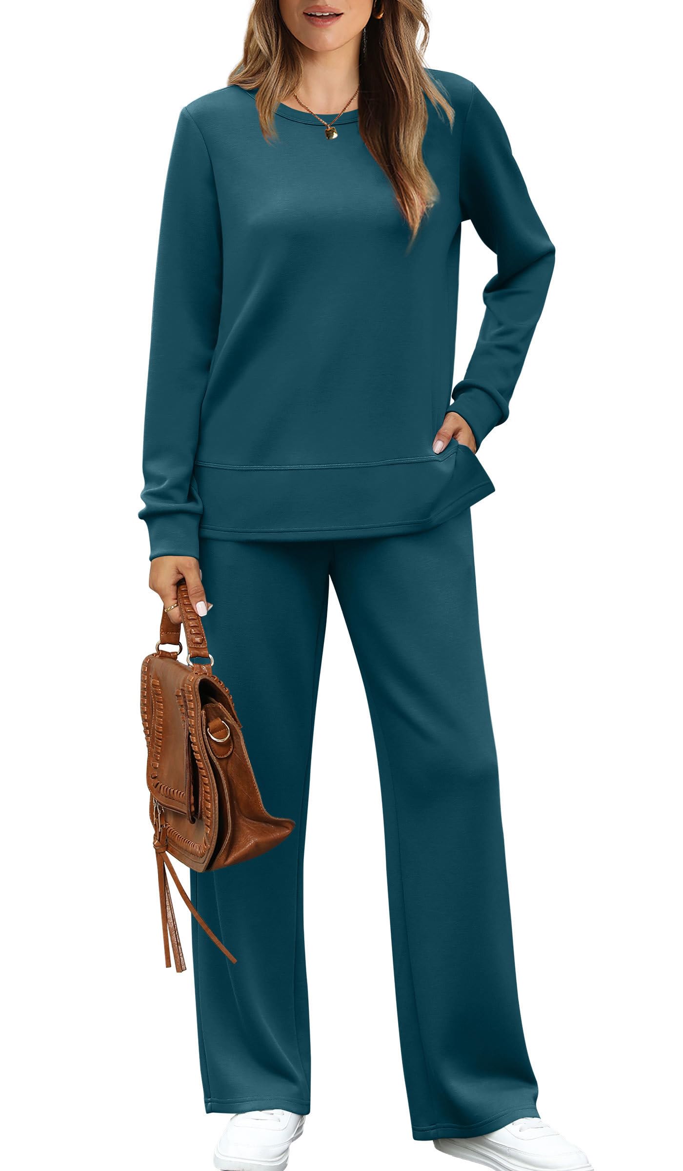 WIHOLL Women's Two Piece Sets Fall Long Sleeve Travel Outfits Trendy Lounge Tracksuit Winter Wide Leg Sweatpants Matching Sweat Set Blue XL