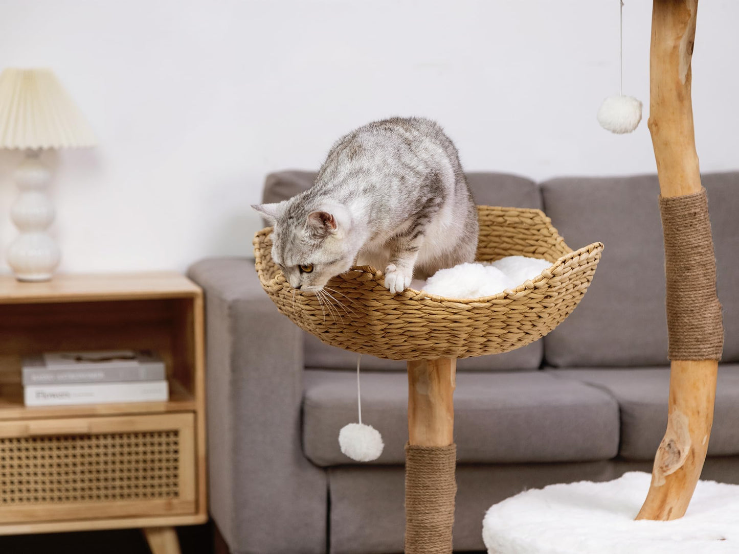 U-Moving 46" Natural Wood Cat Tree for Large Cats – Modern Feline Tower with Scratching Posts, Real Branch Design & Luxury Gift for Cat Lovers