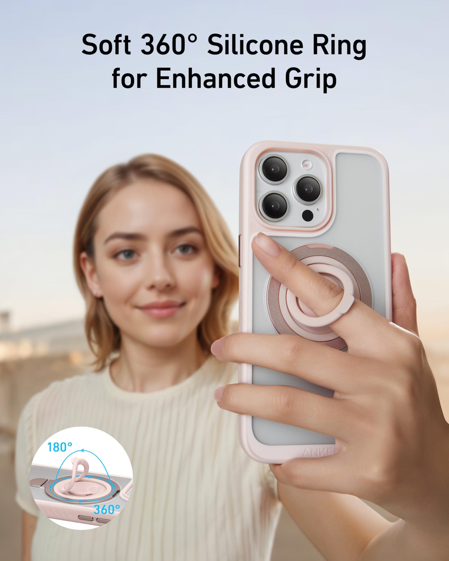 Anker Magnetic Ring Stand for iPhone 15 Case, Silicone Finger Ring Grip Stand Holder, Military Grade Drop Tested, Compatible with MagSafe, Built in Kickstand, Soft Edge Anti-Fingerprint, Black