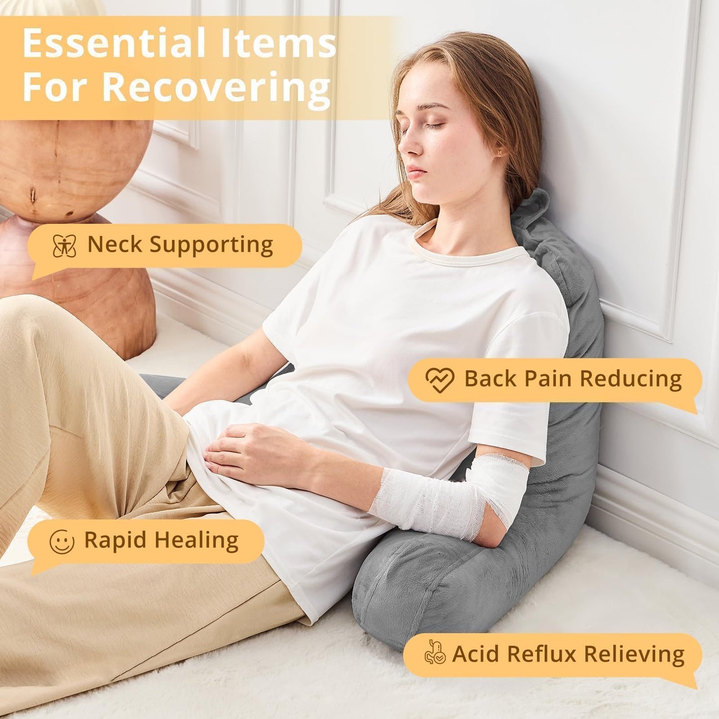 Sasttie Reading Pillows for Sitting in Bed Adult, Velvet Back Pillow Bed Sitting Up, Back-Rest Support Cushion for Sit Up on Couch, Sofa, and Floor, Dorm Essentials, Oeko-Tex Certified, Dark Grey