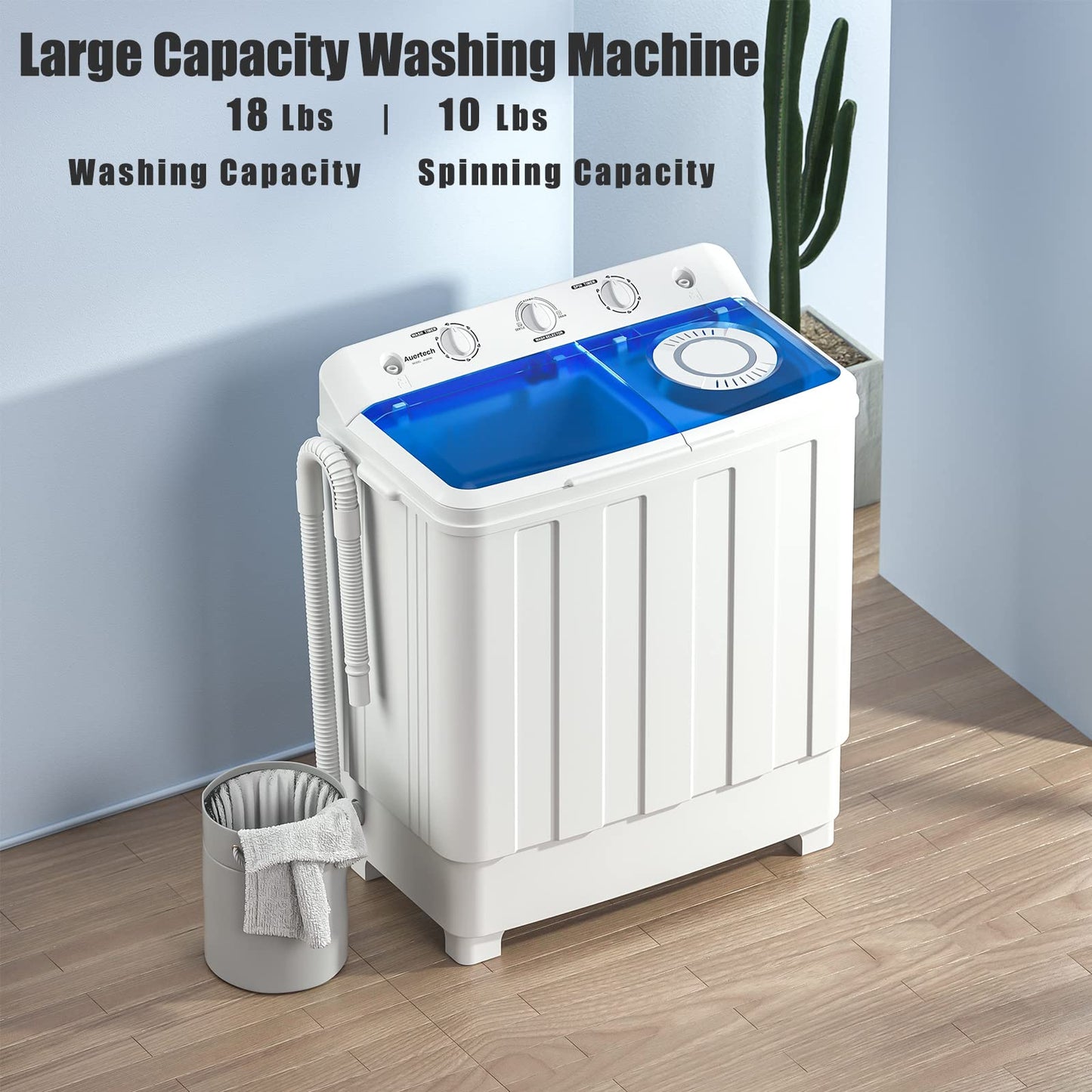 Auertech Portable Washing Machine, 28lbs Twin Tub Washer Mini Compact Laundry Machine with Drain Pump, Semi-automatic 18lbs Washer 10lbs Spinner Combo for Dorms, Apartments, RVs