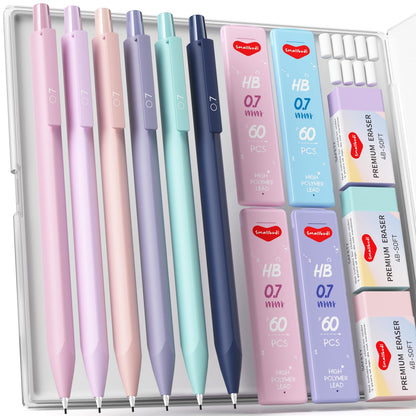 Smallbudi 6PCS 0.7mm Mechanical Pencils Set with Case, Cute Pastel Mechanical Pencil with 240PCS HB Lead Refills, 3 Erasers, Aesthetic Back to School Supplies for Student Writing Drawing Sketching