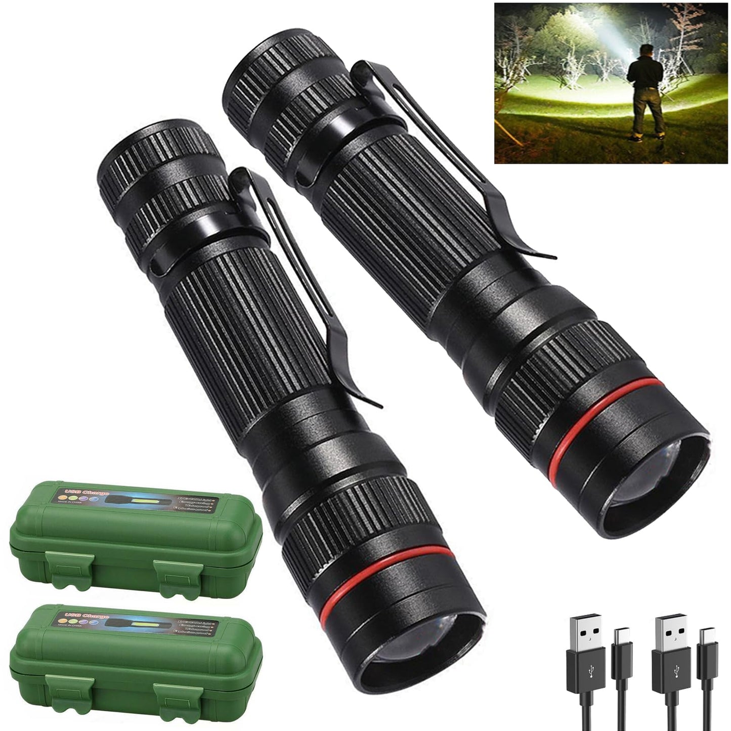 Wrrozz LED Flashlight Rechargeable 2 Pack, High Lumens Tactical Flashlights, Super Bright Small Flash Light, Mini Pocket Torch, 3 Modes Zoomable Flashlight for Outdoor, Camping, Birthday for Men Women