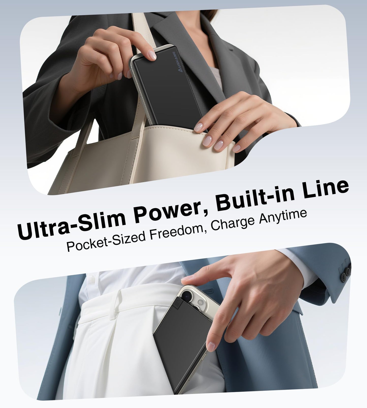 Auskang Slim Power Bank for Travel-5000mAh USB C Portable Charger Built in Cable- Airplane Safe Thin Battery Pack Compatible with iPhone16 15 Devices Samsung Google Pixel Android Phones