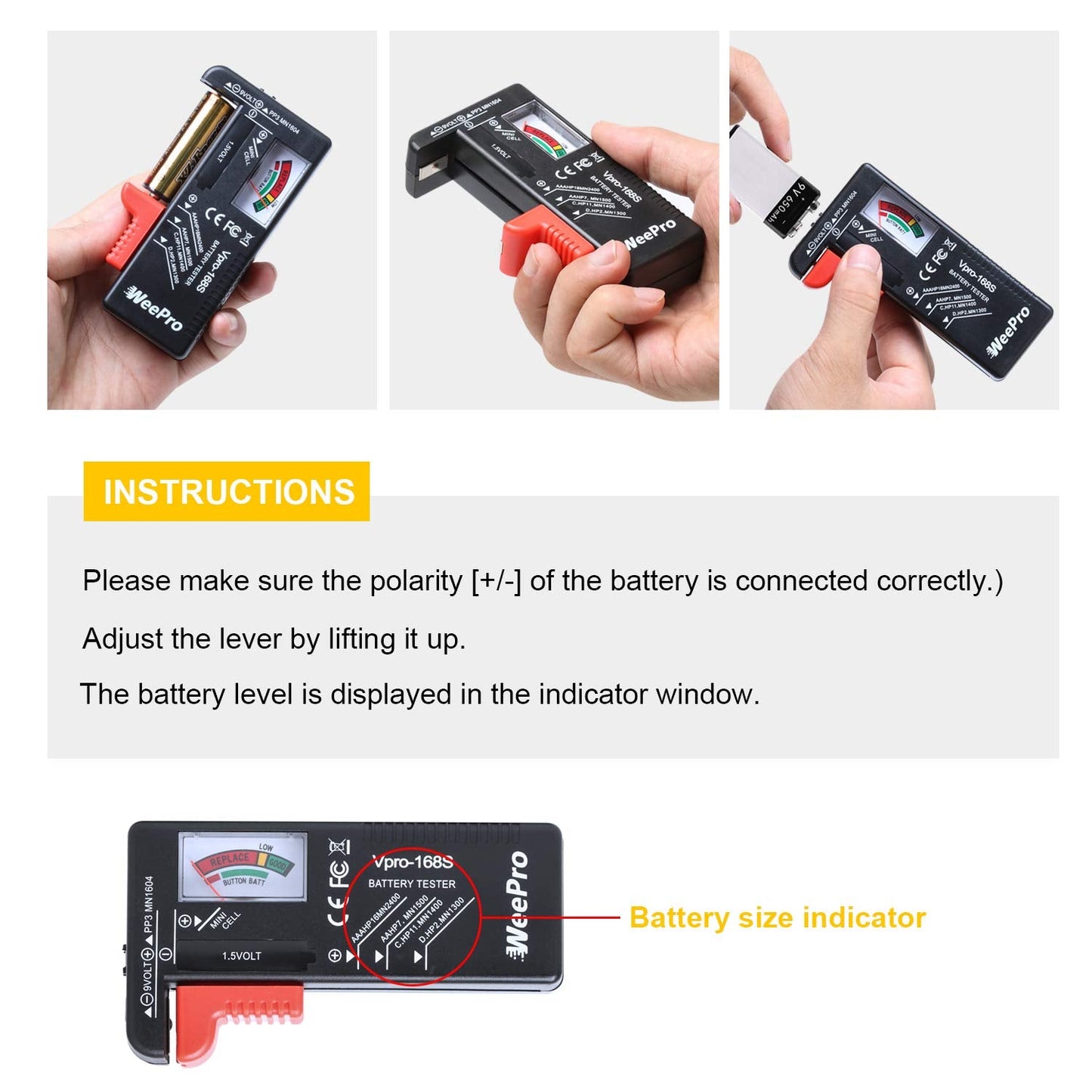 WeePro Universal Battery Checker - Small Battery Tester for AAA, AA, C, D, 9V, 1.5V, Button Cell - Household Batteries