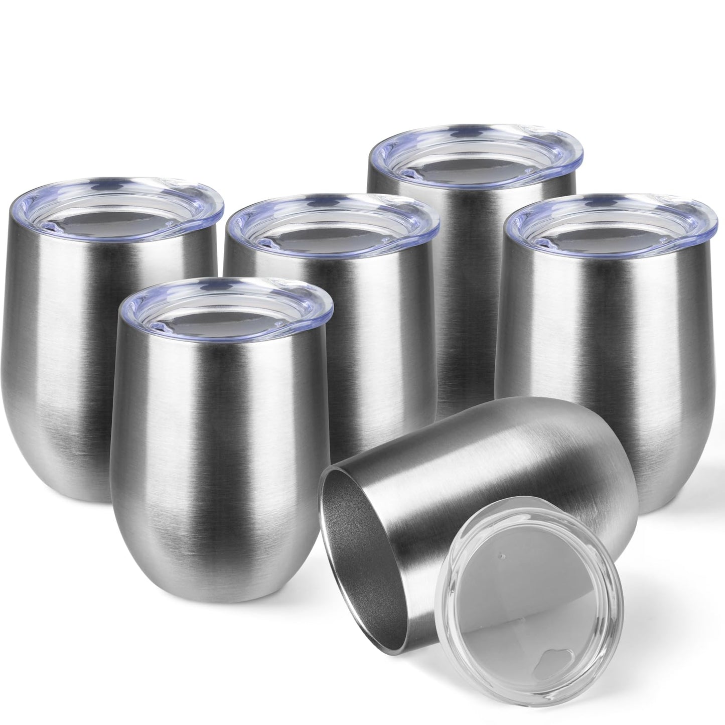 StarSpeed 12oz/6 Pack Wine Tumbler with lid, Stainless Steel Travel Mugs Stemless Double Wall Insulated Coffee Cup, Insulated Wine Glasses Travel Tumbler for Cold & Hot Drinks(Silver, 6)