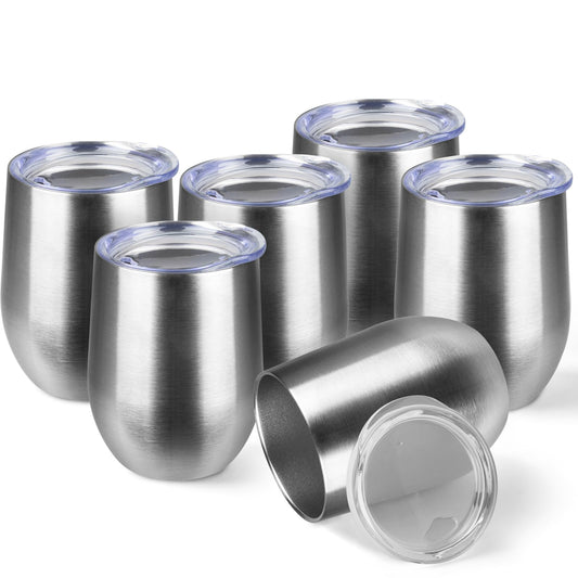 StarSpeed 12oz/6 Pack Wine Tumbler with lid, Stainless Steel Travel Mugs Stemless Double Wall Insulated Coffee Cup, Insulated Wine Glasses Travel Tumbler for Cold & Hot Drinks(Silver, 6)