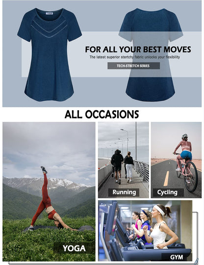 Vldnery Workout Shirts for Women Short Sleeve Yoga Tunic Tshirt Loose Fit Exercise Tops Training Running Clothes Fitness Tees Jogging Bike, Dark Blue 3X-Large