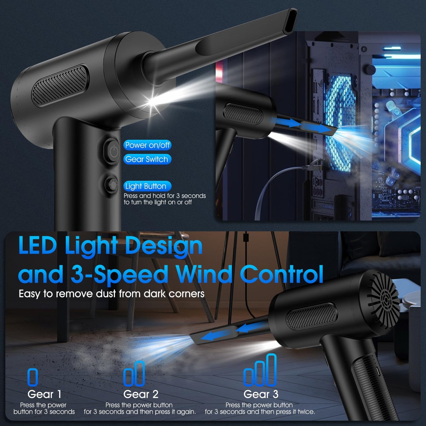 Compressed Air Duster, 100000RPM Handheld Car Vacuum/Air Blower& Pump, 3 Gear Adjustable Electric Air Duster/Car Vacuum Cleaner, Keyboard Duster with LED Light-10 Kits Air Blower for Computer(Black)