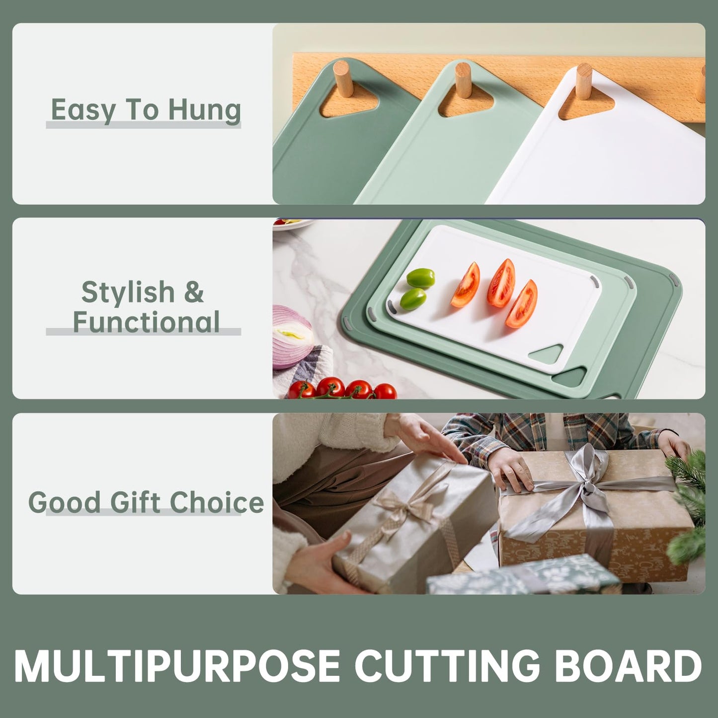 THETCHRY Plastic Cutting Board Set of 3-Cutting Boards for Kitchen BPA Free, Large-Small Chopping Boards Non-Slip for Cooking Camping Dishwasher Safe, Reversible, with Grip Handle, 15"×10"×0.6" Green