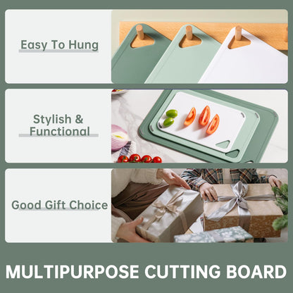 THETCHRY Plastic Cutting Board Set of 3-Cutting Boards for Kitchen BPA Free, Large-Small Chopping Boards Non-Slip for Cooking Camping Dishwasher Safe, Reversible, with Grip Handle, 15"×10"×0.6" Green
