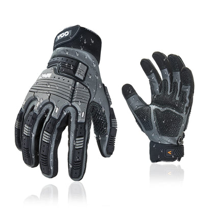 Vgo 1Pair Safety Leather Work Gloves - Mechanics, Impact & Rigger Gloves - Anti-Vibration, Heavy Duty, Water Resistant (Size M, Gray, CA7722WR)