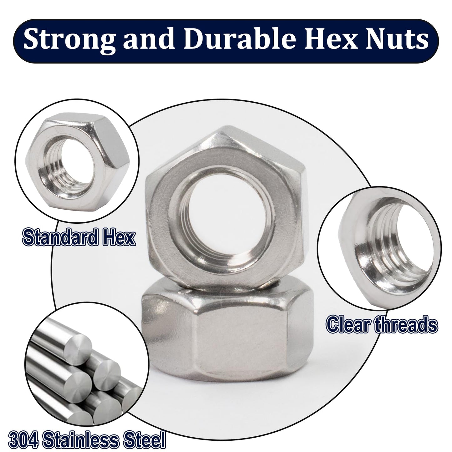 ZQZ 1/4"-20 Hex Nuts,130 Pack 304 (A2-70) Stainless Steel Hardware Nuts,Standard Inch Coarse Thread Nuts