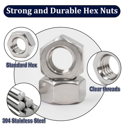 ZQZ 1/4"-20 Hex Nuts,130 Pack 304 (A2-70) Stainless Steel Hardware Nuts,Standard Inch Coarse Thread Nuts