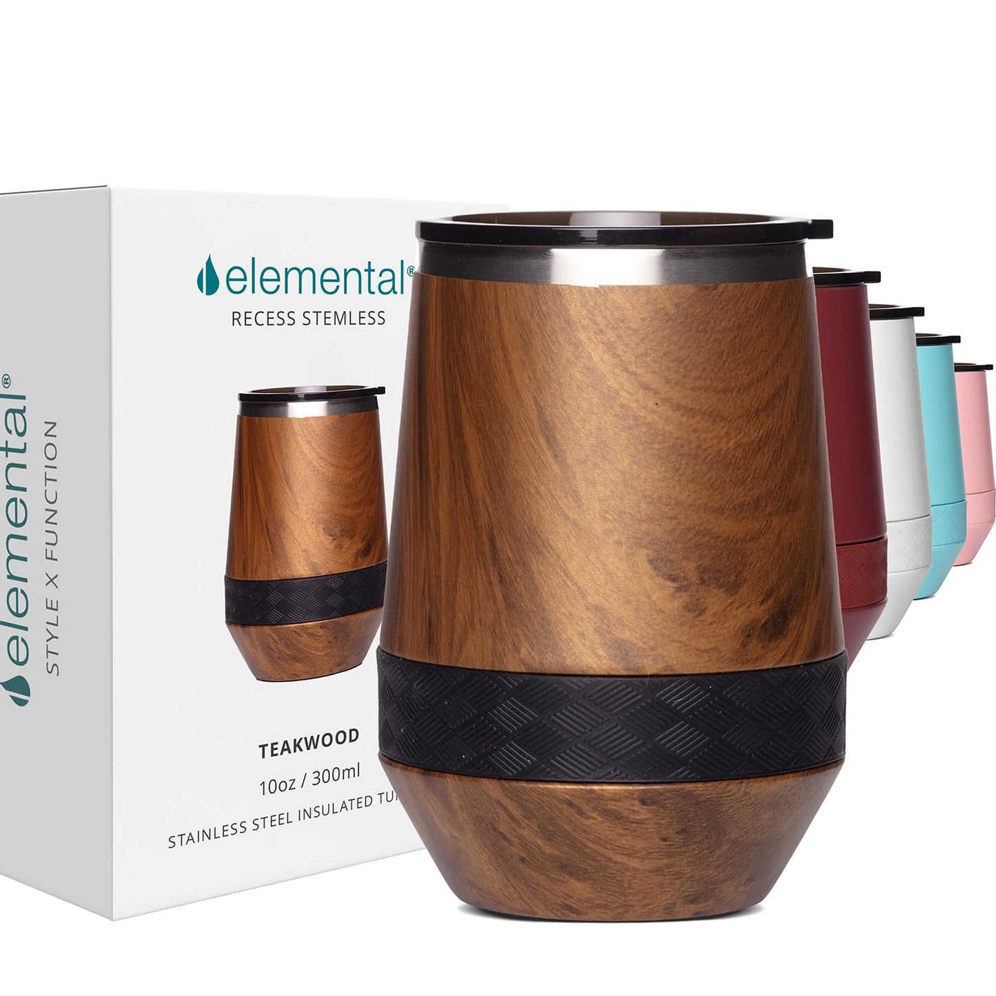 Elemental Recess Wine Tumbler - Triple Wall Insulated Stainless Steel Coffee Mug for Hot & Cold Drinks - Portable Cup with Shatterproof Sip Lid for Camping, Outdoor & Travel - 10oz - Teak Wood