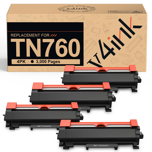 v4ink 4PK Compatible TN760 Toner Replacement for Brother TN760 TN-760 TN730 TN770 Toner Cartridge for Brother HL-L2350DW HL-L2390DW HL-L2395DW HL-L2370DW MFC-L2710DW MFC-L2750DW DCP-L2550DW Printer