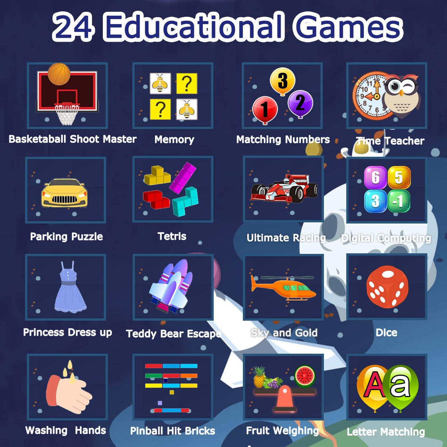 Cosjoype Kids Game Smart Watch for Kids with 24 Puzzle Games HD Touch Screen Camera Music Player Pedometer Alarm Clock Calculator Flashlight 12/24hr Kid Watch Gift for 4-12 Year Old Boys Toys for Kid