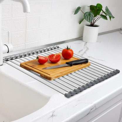 Zulay Kitchen 17.5” x 12” Roll Up Dish Drying Rack - Stainless Steel Over Sink Dish Drying Rack - Multipurpose Foldable Sink Rack for Kitchen Counter - Non-Slip, Heavy-Duty Drying Rack (Gray)
