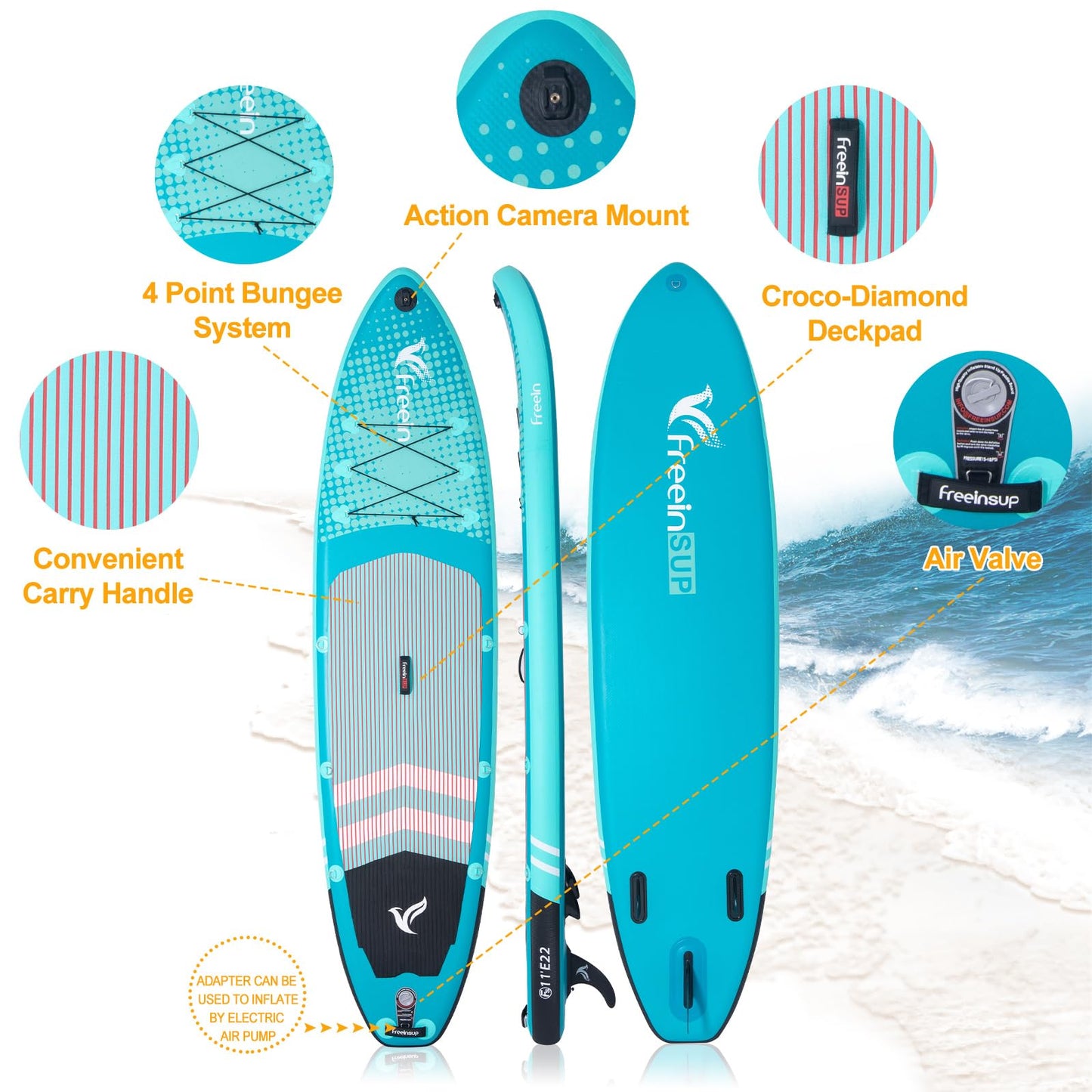 Freein Inflatable Stand Up Paddle Board ，Capacity 2-in-1 SUP/Kayak with Adjustable Seat ，Electric Pump Adapter ，Non-Slip Diamond Deck & Travel Backpack ，for Adults/Fishing/Yoga (Aqua, 11')