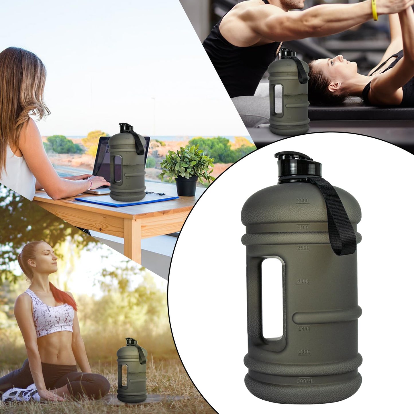 TOOFEEL 1 Gallon Water Bottle - 128 oz With Flip Lid, Measurements Marked, Leak Proof BPA Free Jug for Gym, Sports - Matte Black