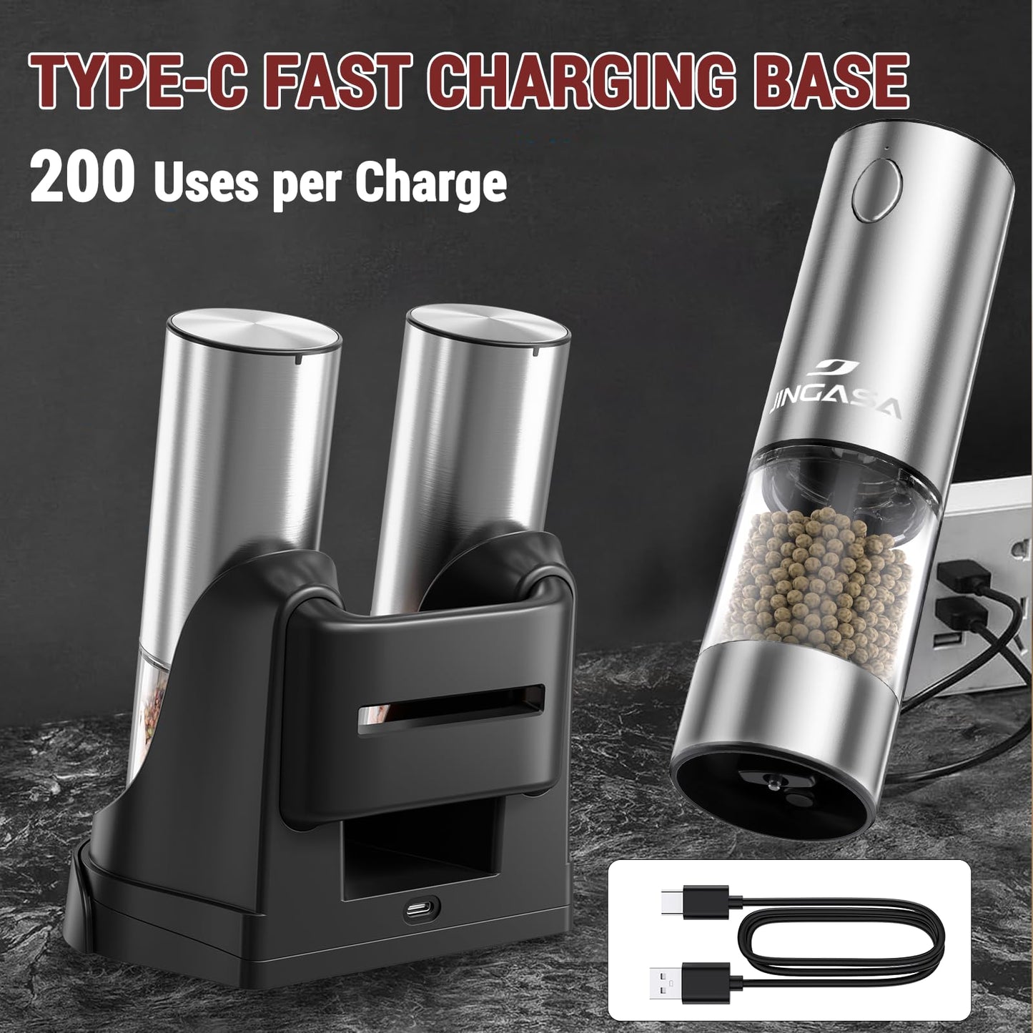 [Upgraded Larger Capacity] Electric Salt and Pepper Grinder Set with USB Charging Base, 95ml Large Capacity, Adjustable Coarseness,Stainless Steel Automatic Pepper Mill (Upgraded Capacity-A)