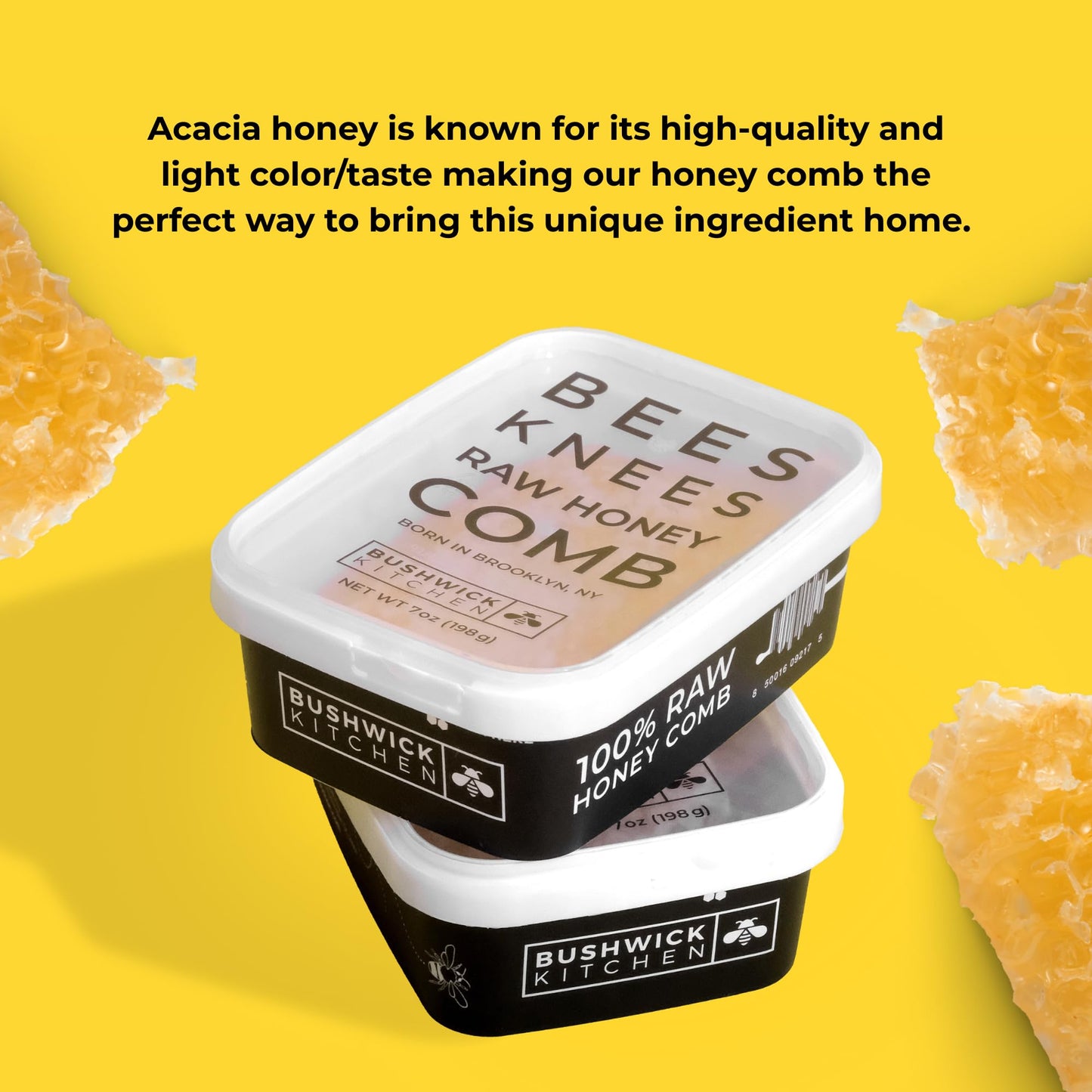 Bees Knees Raw Honeycomb, 100% Edible, All-Natural Gourmet Honeycomb in Double Sealed Packaging, Acacia Honey Comb with Sweet, Light Flavor, Foodie Gifts, Tea Gifts, Unique Gift Ideas (7 oz)