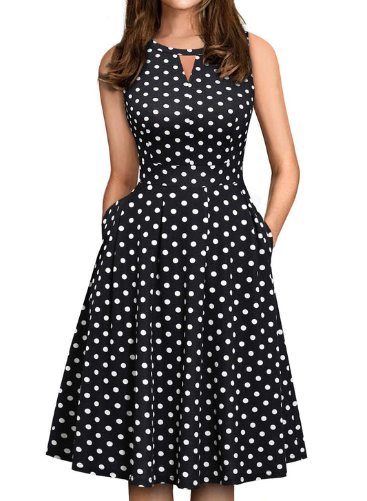 Sureple Wear to Work Dresses for Women Retro 50s Black Polka Dot Keyhole Cutout Pleated Summer Fit and Flare Swing Casual Dresses with Pockets (L, SP81-Black Dot)