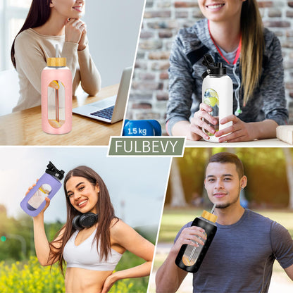 FULBEVY Glass Water Bottles 64 oz - Half Gallon Large Motivational Daily Water Intake Bottle Time Marker - Glass Water Bottle With Straw, Silicone Sleeve 2 Lids, Handle Spout & Bamboo Lid(Olive)