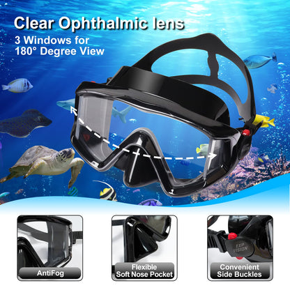 Snorkel Set Pano 3 Window Adult Snorkeling Gear, Professional Snorkel Goggles Anti-Fog Diving Mask, Anti-Leak Swim Goggles and Dry Top Snorkel for Diving, Snorkeling, Swimming (Black)