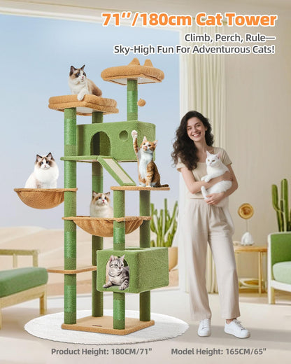 Taoqimiao Cactus Cat Tree, 71-Inch Cat Tower for Indoor Cats Large Adult, Multi-Level Large Cat Condo, 8 Sisal Scratching Posts, Metal Frame Cozy Hammock, Scratch Board, 2 Top Perches, MSC026L