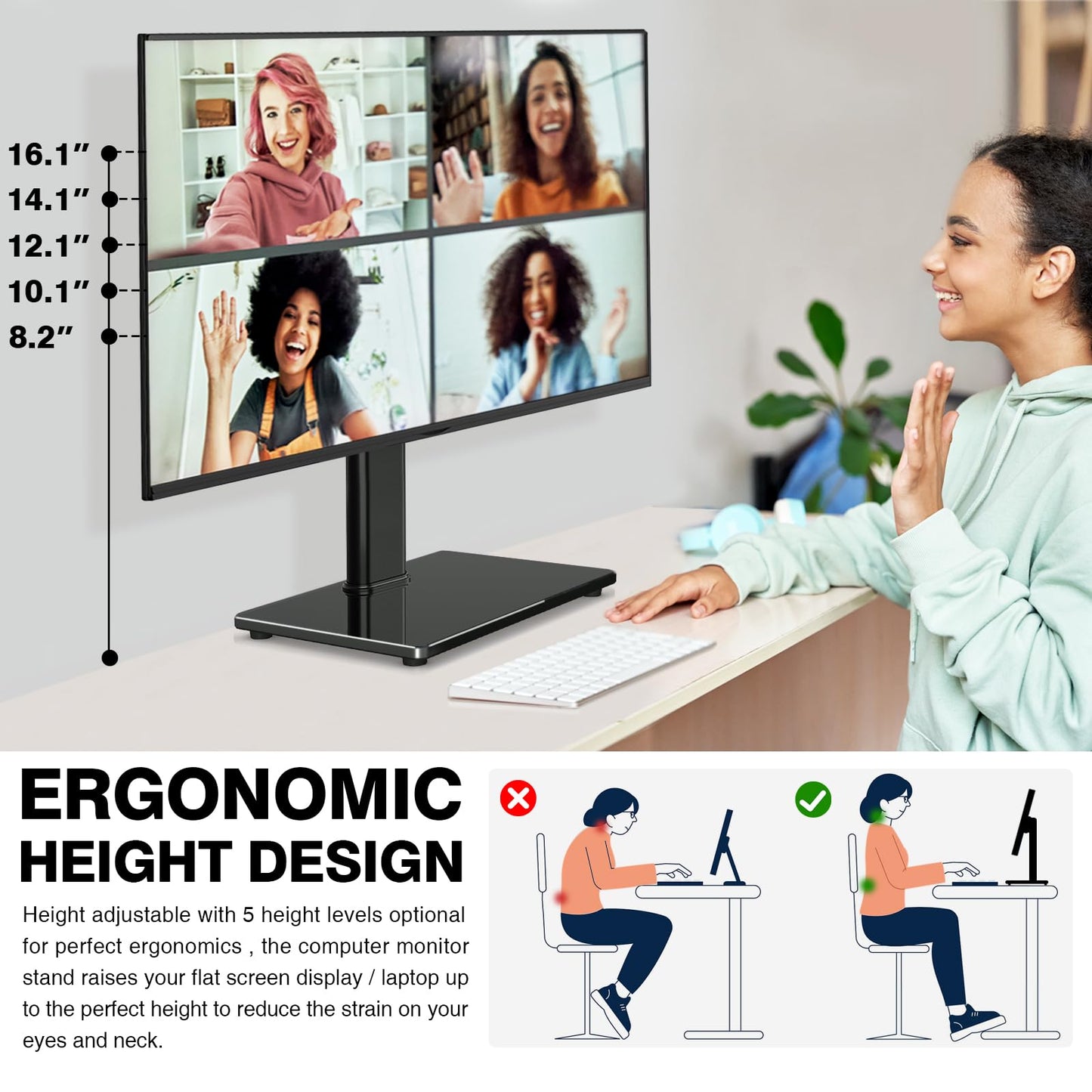 Single Monitor Stand VESA Mount for 13-32 Inch Screens, Free-Standing Monitor Riser with Swivel Tilt Rotation Height Adjustable, Universal Desk Stand up to 44lbs, VESA 75x75, 100x100mm