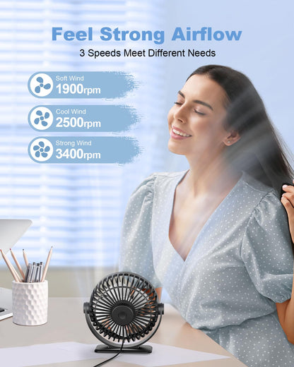TriPole Desk Fan 2 Pack Black USB Powered Small Portable Fan, 3 Speeds Adjustable Strong Breeze Mini Personal Fan, 360° Rotation Quiet Plug In USB Fan for Desktop Bedroom Office Table Travel, 4.5in