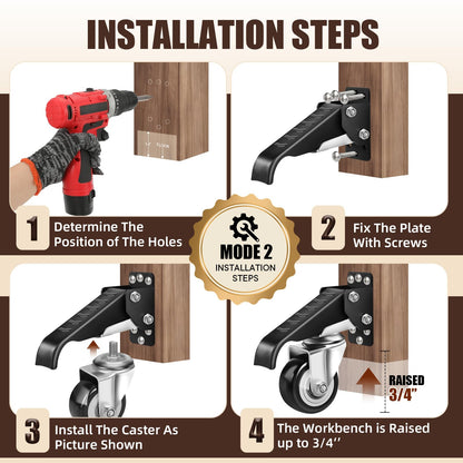 SPACECARE Workbench Casters kit 900Lbs Heavy Duty Quick Release 2 Mounting Options Retractable Workbench Stepdown Caster Wheels Adjustable Polyurethane Durable Steel Construction (Set of 4)