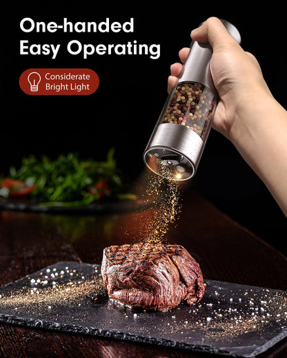 TOMEEM Upgraded Larger Capacity Electric Salt and Pepper Grinder Set Rechargeable with LED lights, Stainless Steel Automatic Pepper and Salt Grinder Refillable with 5 Adjustable Coarseness