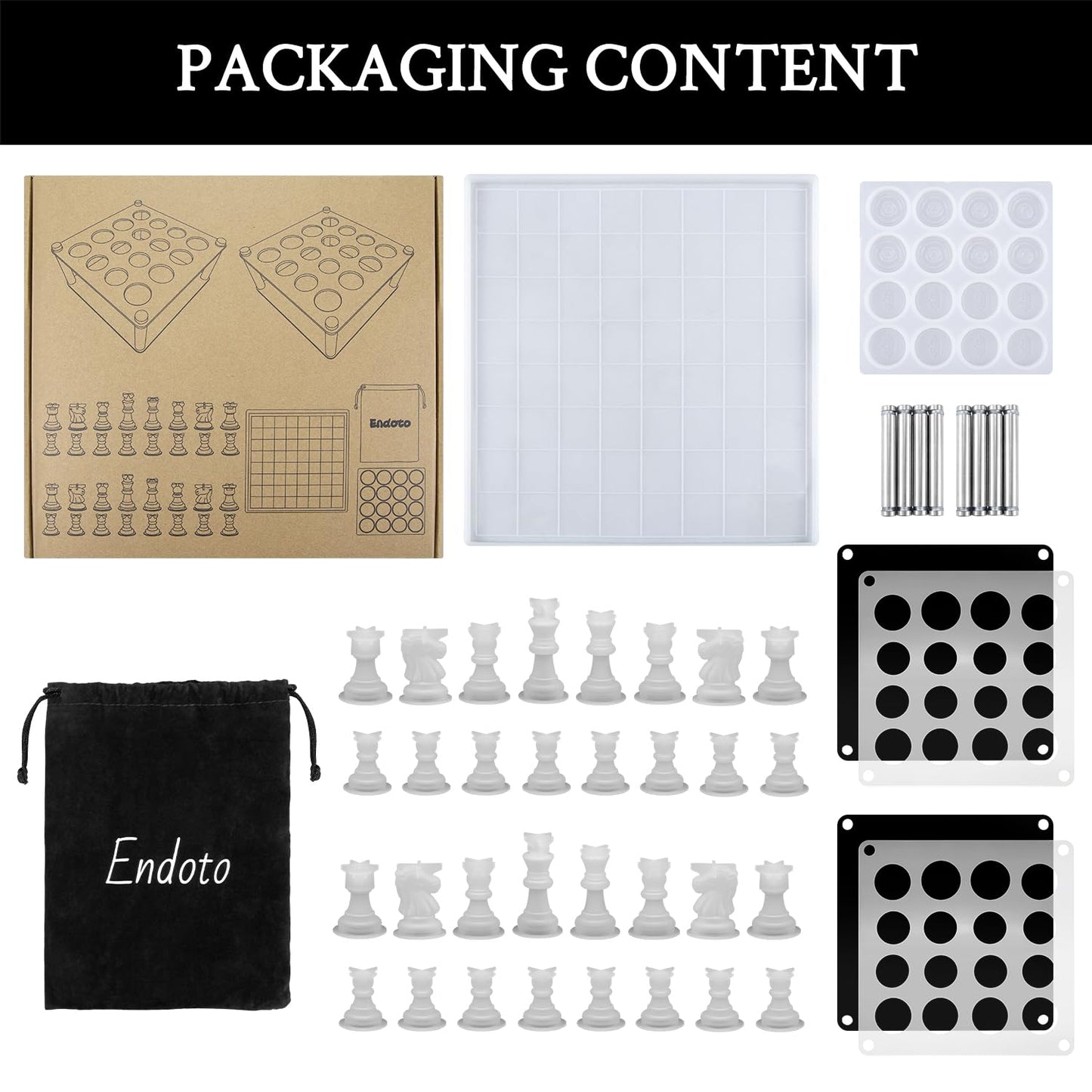 Resin Chess Set with Checkers Board Silicone Mold Set with 2 Pack Chess Piece Holder, 32 Pieces Full Size 3D Silicone Chess Molds Kit for Epoxy Resin Casting, Party Board Games and Home Decoration