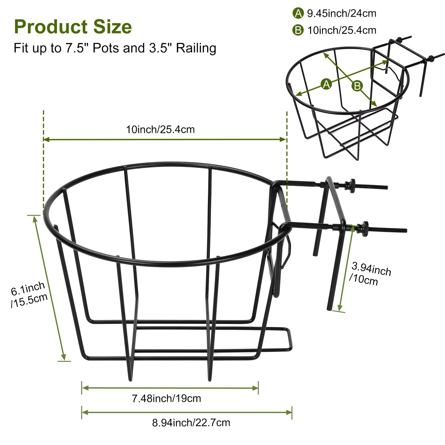 TQVAI 10 Inch Railing Planter - Fit for 1.5 to 3.5 Inches Railing - Adjustable Hanging Planters Outdoor Balcony Deck Flower Pot Holder Metal Baskets for Garden Orchid, Patio Ledge, 3 Pack, Black
