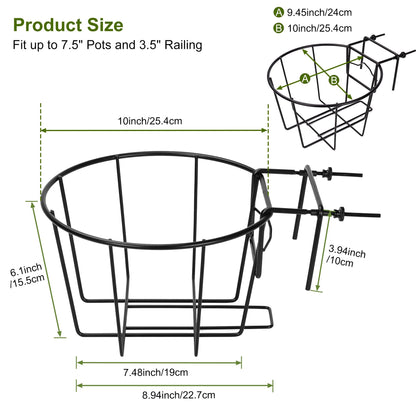 TQVAI 10 Inch Railing Planter - Fit for 1.5 to 3.5 Inches Railing - Adjustable Hanging Planters Outdoor Balcony Deck Flower Pot Holder Metal Baskets for Garden Orchid, Patio Ledge, 3 Pack, Black
