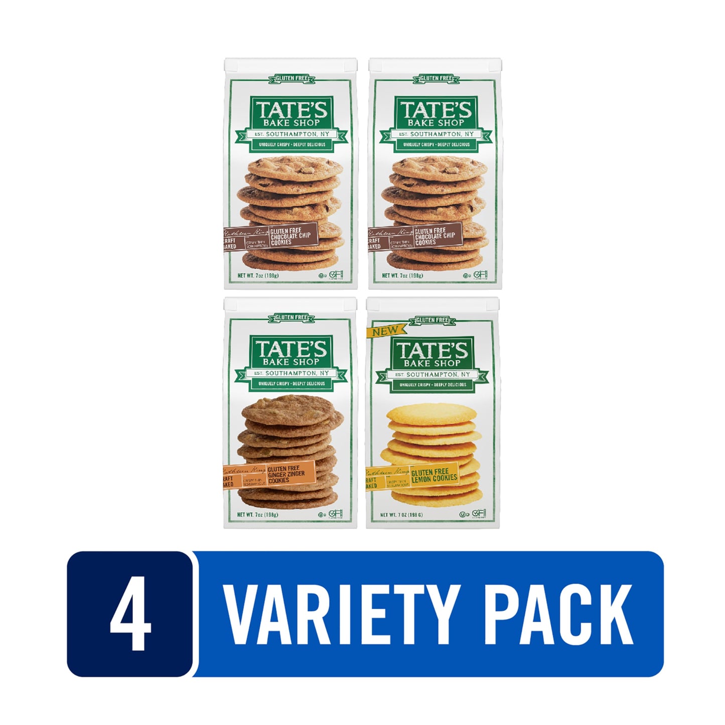 Tate's Bake Shop Gluten Free Cookies Variety Pack, Lemon, Ginger Zinger and Chocolate Chip Cookies, 4-7 oz Bags