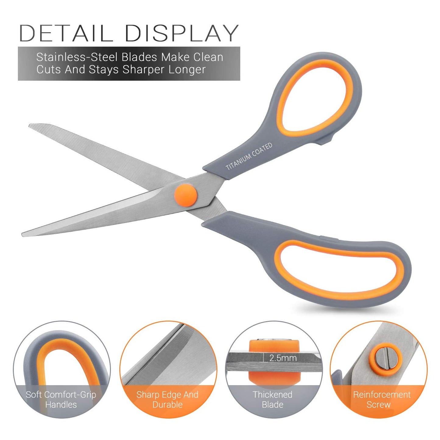 Scissors 8" Multipurpose Titanium Coated Sturdy Sharp Scissors Right/Left Handed Comfort-Grip Handles for Office Home School Sewing Fabric Craft Supplies Gray