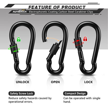 AUTMATCH Carabiner Clips, 3" Carbon Steel Spring Snap Hook Caribeener Clips Buckle Pack Grade Heavy Duty Carabiners Quick Link for Camping, Fishing, Hiking, Traveling, Locking Black, 4 Pack